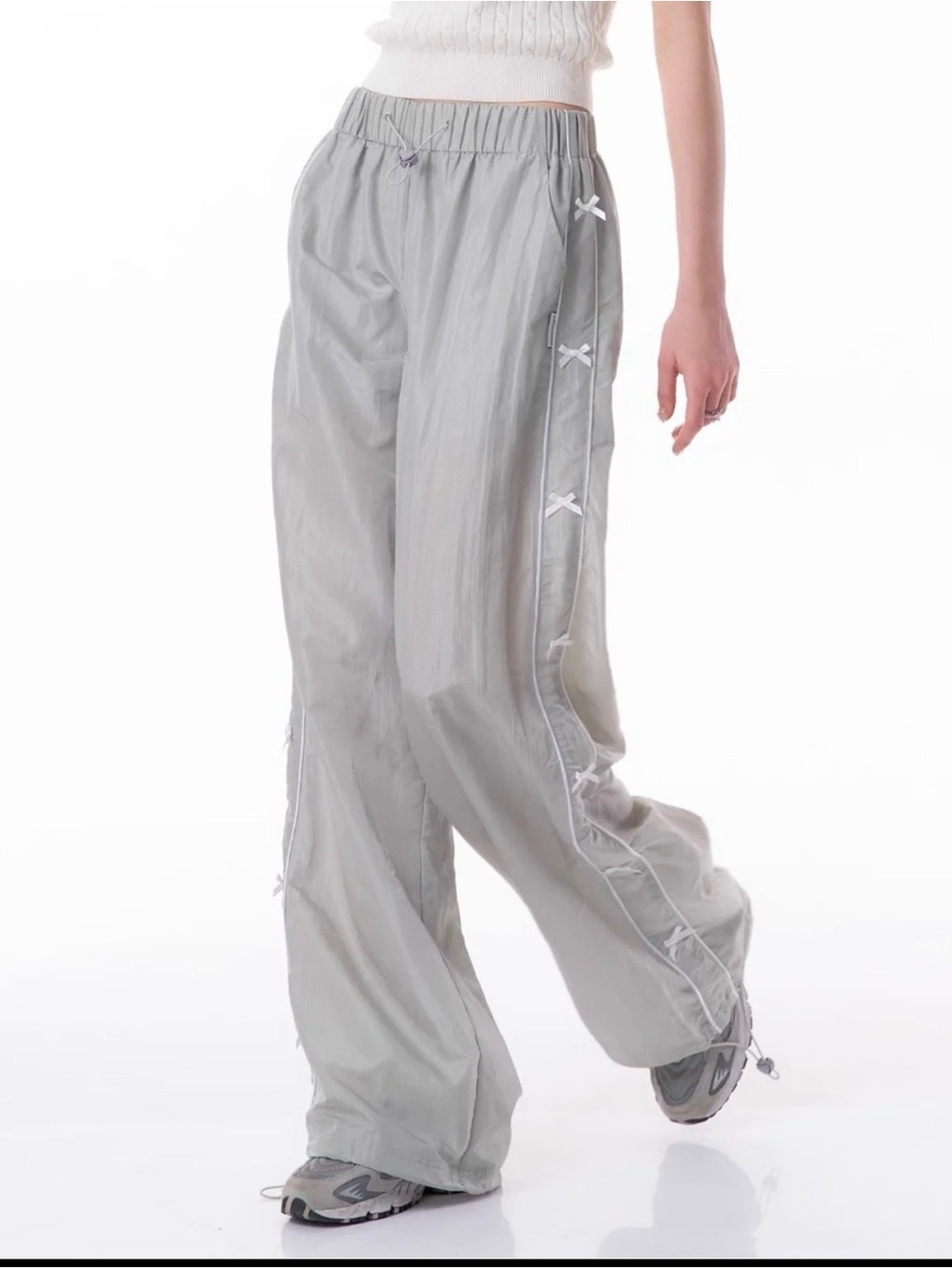 Coco & Shay Light Gray Wide Leg Ribbon Bow Track Pants Baggy M